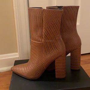 Dawson Tan Crocodile Pointed-Toe Mid Calf Boots